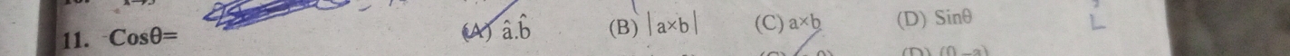 widehat a.hat b
11. Cosθ = (B) |a* b| (C) a* b (D) Sinθ
(0,-a)