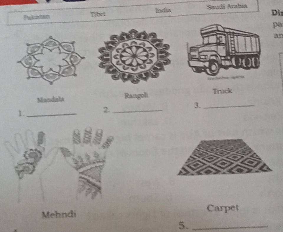 India Saudi Arabía 
Palistam Tibet 
Di 
pa 
an 
Truck 
Mandala 
Rangoli 
3._ 
1._ 
2._ 
Carpet 
Mehndi 
5._