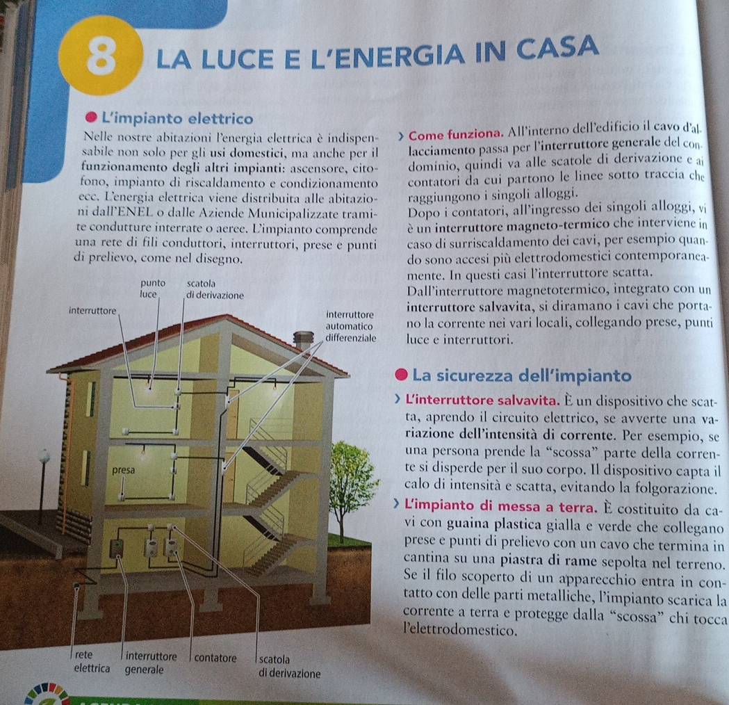 LA LUCE E L’ENERGIA IN CASA
L'impianto elettrico
Nelle nostre abitazioni l'energia elettrica è indispen- > Come funziona. All'interno dell'edificio il cavo d'at.
sabile non solo per gli usi domestici, ma anche per il lacciamento passa per l'interruttore generale del con
funzionamento degli altri impianti: ascensore, cito- dominio, quindi va alle scatole di derivazione e a
fono, impianto di riscaldamento e condizionamento contatori da cui partono le linee sotto traccia che
ecc. Lenergia elettrica viene distribuita alle abitazio- raggiungono i singoli alloggi.
ni dall’ENEL o dalle Aziende Municipalizzate trami- Dopo i contatori, all'ingresso dei singoli alloggi, vi
te condutture interrate o aeree. Limpianto comprende è un interruttore magneto-termico che interviene in
una rete di fili conduttori, interruttori, prese e punti caso di surriscaldamento dei cavi, per esempio quan-
di prelievo, come nel disegno. do sono accesi più elettrodomestici contemporanea-
ente. In questi casi l’interruttore scatta.
all'interruttore magnetotermico, integrato con un
terruttore salvavita, si diramano i cavi che porta-
la corrente nei vari locali, collegando prese, punti
ce e interruttori.
a sicurezza dell’impianto
interruttore salvavita. È un dispositivo che scat-
aprendo il circuito elettrico, se avverte una va-
azione dell'intensità di corrente. Per esempio, se
a persona prende la “scossa” parte della corren-
si disperde per il suo corpo. Il dispositivo capta il
lo di intensità e scatta, evitando la folgorazione.
impianto di messa a terra. É costituito da ca-
con guaina plastica gialla e verde che collegano
ese e punti di prelievo con un cavo che termina in
ntina su una piastra di rame sepolta nel terreno.
il filo scoperto di un apparecchio entra in con-
tto con delle parti metalliche, limpianto scarica la
rrente a terra e protegge dalla “scossa” chi tocca
lettrodomestico.