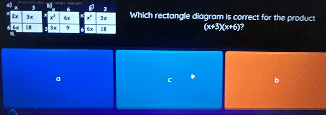 % 3 6 5) 3
2x 3x % x^2 5x % x^2 3x Which rectangle diagram is correct for the product
6 6x 18 3 3x 9 6 6x 18
(x+3)(x+6) P
a 
a 
C