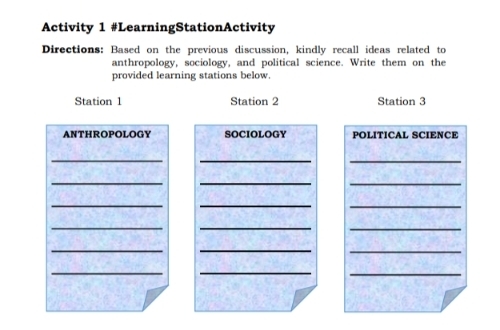 Activity 1 #LearningStationActivity 
Directions: Based on the previous discussion, kindly recall ideas related to 
anthropology, sociology, and political science. Write them on the 
provided learning stations below. 
Station 1 Station 2 Station 3 
ANTHROPOLOGY SOCIOLOGY POLITICAL SCIENCE 
__ 
_ 
_ 
__ 
_ 
_ 
_ 
__ 
_ 
__ 
_ 
_ 
__