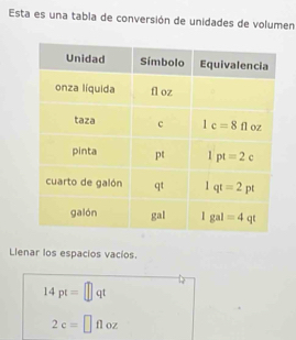 Esta es una tabla de conversión de unidades de volumen
Llenar los espacios vacios.
14pt=□ qt
2c=□ fl OZ