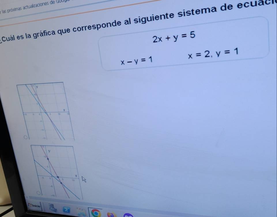 las próximas actualizaciones de GUU
Cuál es la gráfica que corresponde al siguiente sistema de ecuac
2x+y=5
x-y=1
x=2, y=1
* Início