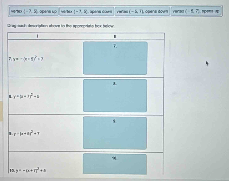 vertex (-7,5) , opens up vertex (-7,5) , opens down vertex (-5,7) , opens down vertex (-5,7) , opens up
Drag each description above to the appropriate box below.