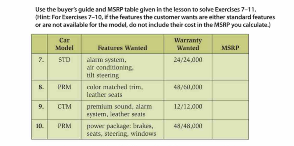 Solved: Use the buyer’s guide and MSRP table given in the lesson to ...