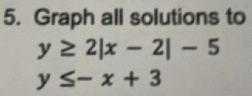 Graph all solutions to
y≥ 2|x-2|-5
y≤ -x+3