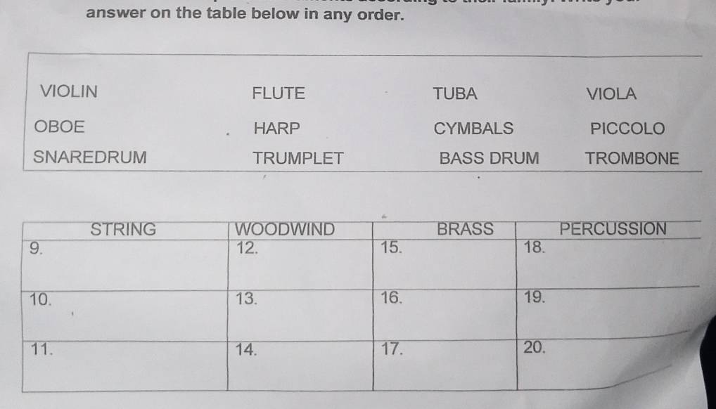 answer on the table below in any order. 
VIOLIN FLUTE TUBA VIOLA 
OBOE HARP CYMBALS PICCOLO 
SNAREDRUM TRUMPLET BASS DRUM TROMBONE