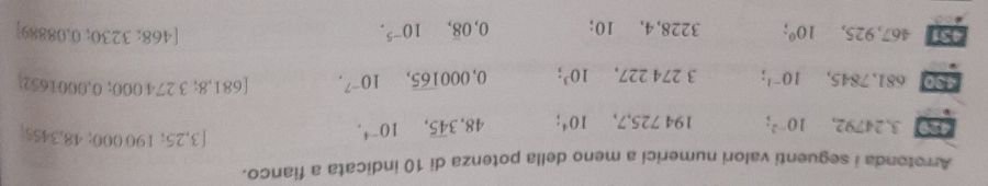 Arrotonda i seguenti valori numericí a meno della potenza di 10 indicata a fianco.
429 3, 24792, 10^(-2); 194725, 7, 10^4; 48, 3overline 45, 10^(-4).
[3,25;190000;48,3455]
430 6 81,7845, 10^(-1); 3 274 227, 10^3; 0,000overline 165, 10^(-7). [681,8;3274000;0,0001652]
431 467,92 5. 10^0; 3228, 4, 10; 0,0overline 8, 10^(-5). [468; 3 30; 0, 0,088 89