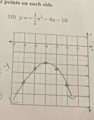 points on each side 
10) y=- 1/2 x^2-4x-10
y
x