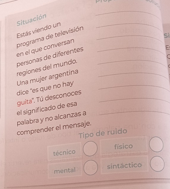 Jlu
Situación
_
Estás viendo un
programa de televisión_
_
Si
en el que conversan_
personas de diferentes_
E
regiones del mundo.
Una mujer argentina_
dice “es que no hay_
guita''. Tú desconoces_
el significado de esa_
palabra y no alcanzas a
comprender el mensaje.
Tipo de ruido
técnico físico
mental sintáctico