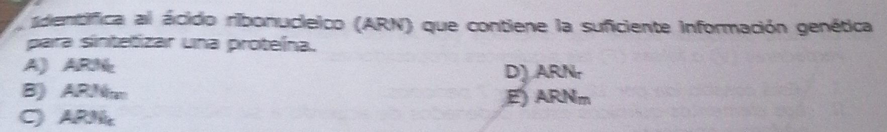 identifica al ácido ribonucieico (ARN) que contiene la suficiente información genética
para sintetizar una proteína.
A) ARN
D) ARNr
B) ARN∞
E) ARNm
C) ARN