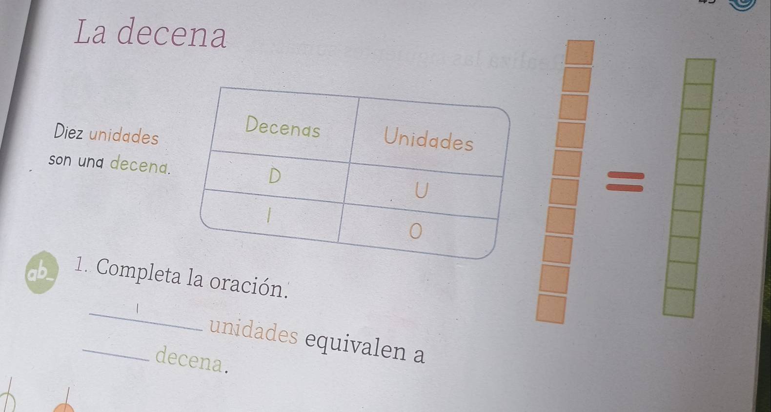 La decena 
Diez unidades 
son und decena. 
= 
1. Completa la oración. 
_ 
unidades equivalen a 
_decena.