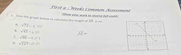 First 9 - Weeks Common Assessment
(Show your work to receive full credit)
1. Use the graph below to calculate the length of overline AB.(6.28)
A. sqrt(72)
B. sqrt(45)
C. sqrt(86)
D. sqrt(117)