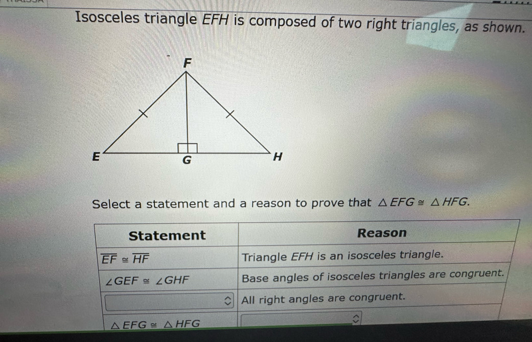 Solved: Isosceles triangle EFH is composed of two right triangles, as ...