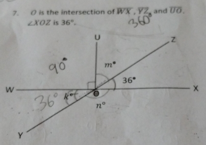 is the intersection of overline WX,overline YZ and overline UO.
∠ XOZ is 36°.