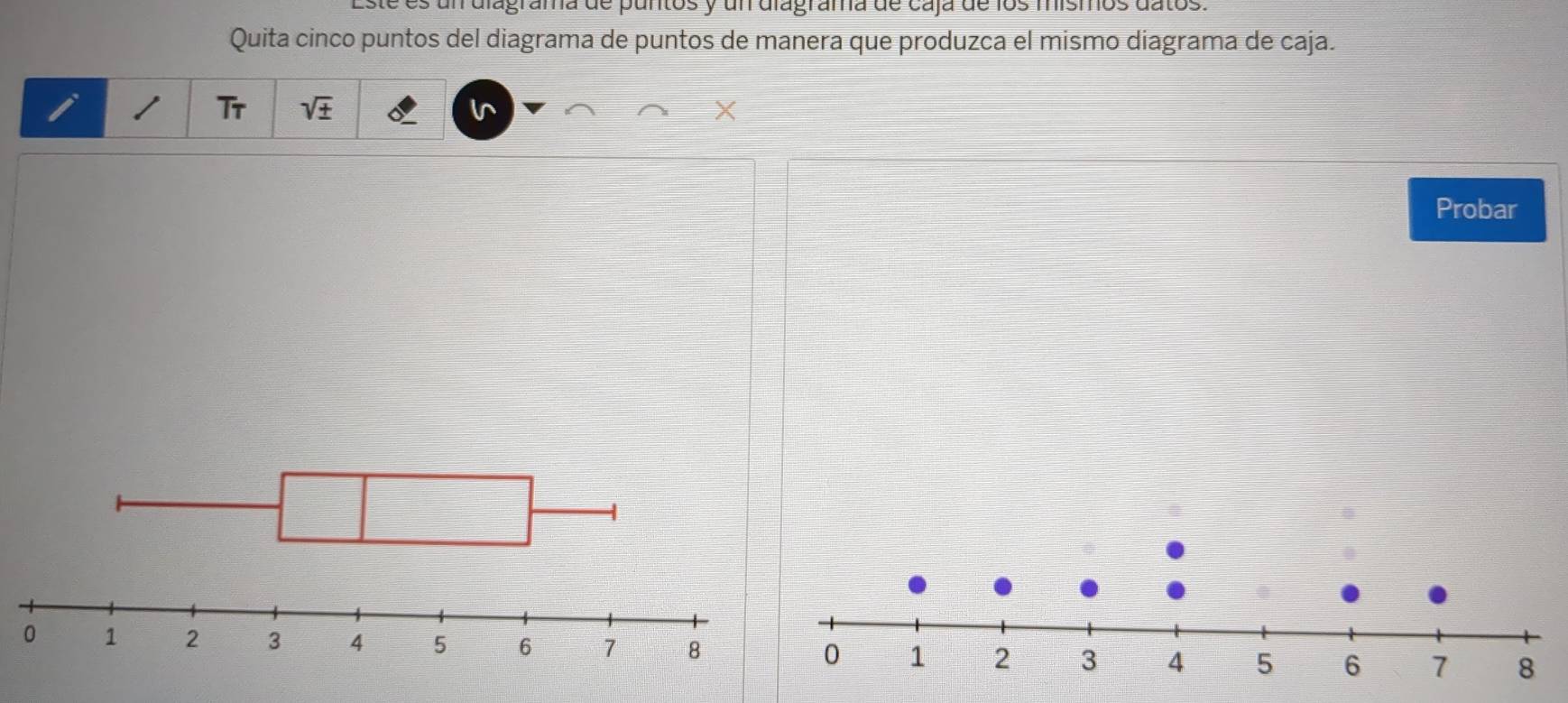 un diagrama de puntos y un diagrama de caja de los mismos datos 
Quita cinco puntos del diagrama de puntos de manera que produzca el mismo diagrama de caja. 
I I Tr sqrt(± ) l 
Probar