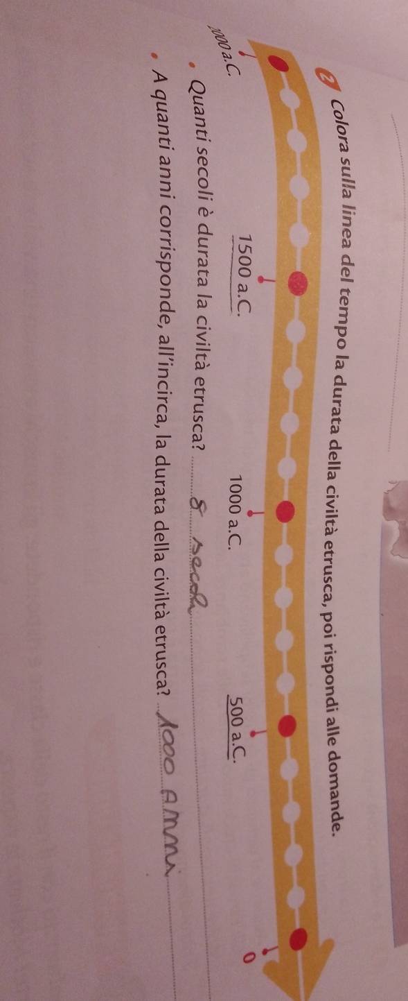 Colora sulla linea del tempo la durata della civiltà etrusca, poi rispondi alle domande.
1500 a.C. 1000 a.C. 500 a.C.
2000 a.C.
* Quanti secoli è durata la civiltà etrusca?
_
* A quanti anni corrisponde, all’incirca, la durata della civiltà etrusca?
_