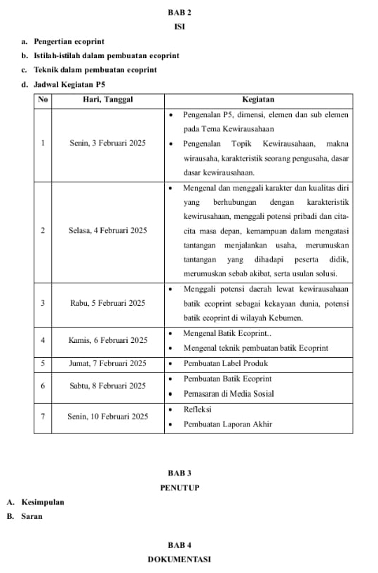 BAB 2 
ISI 
a. Pengertian ecoprint 
b. Istilah-istilah dalam pembuatan ecoprint 
c. Teknik dalam pembuatan ecoprint 
BAB 3 
PENUTUP 
A. Kesimpulan 
B. Saran 
BAB 4 
DOKUMENTASI