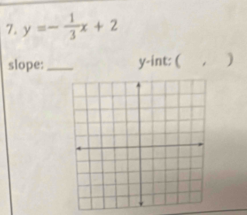 y=- 1/3 x+2
slope:_ y -int: ( , )