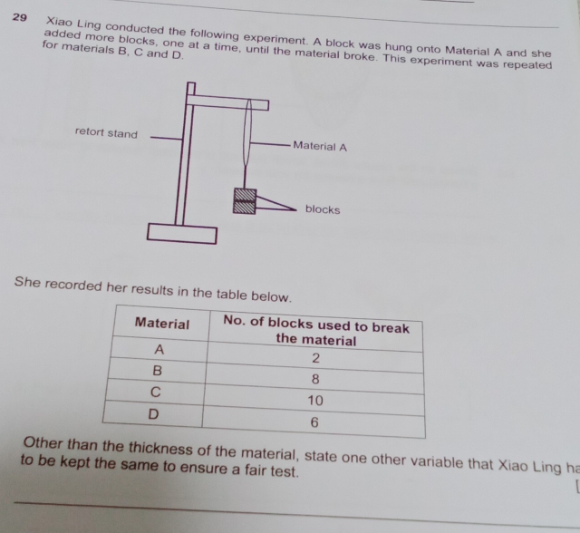 Xiao Ling conducted the following experiment. A block was hung onto Material A and she 
for materials B, C and D. 
added more blocks, one at a time, until the material broke. This experiment was repeated 
retort stan 
She recorded her results in the table below. 
Other thhe thickness of the material, state one other variable that Xiao Ling ha 
to be kept the same to ensure a fair test. 
_