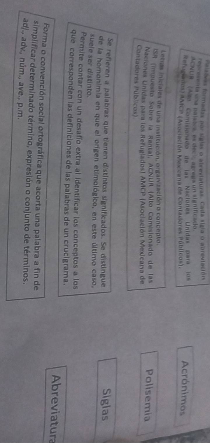 Palabras formadas por sigias o abreviaturas. Cada sigla o abreviación 
representa una paíabía, es decir, agrega un significado. Acrónimos 
ACNUR (ARo Comisionado de las Naciones Unidas para los 
Refugiados) AMCP (Asociación Mexicana de Contadores Públicos). 
Letras iniciales de una institución, organización o concepto. 
ISR (impuesto Sobre la Renta), ACNUR (Alto Comisionado de las 
Polisemia 
Naciones Unidas para los Refugiados) AMCP (Asociación Mexicana de 
Contadores Públicos) 
Se refieren a palabras que tienen distintos significados. Se distingue Siglas 
de la homonimia en que el origen etimológico, en este último caso, 
suele ser distinto. 
Permite contar con un desafío extra al identificar los conceptos a los 
que corresponden las definiciones de las palabras de un crucigrama. 
Abreviatura 
Forma o convención social ortográfica que acorta una palabra a fin de 
simplificar determinado término, expresión o conjunto de términos. 
adj., adv., núm., ave., p.m.