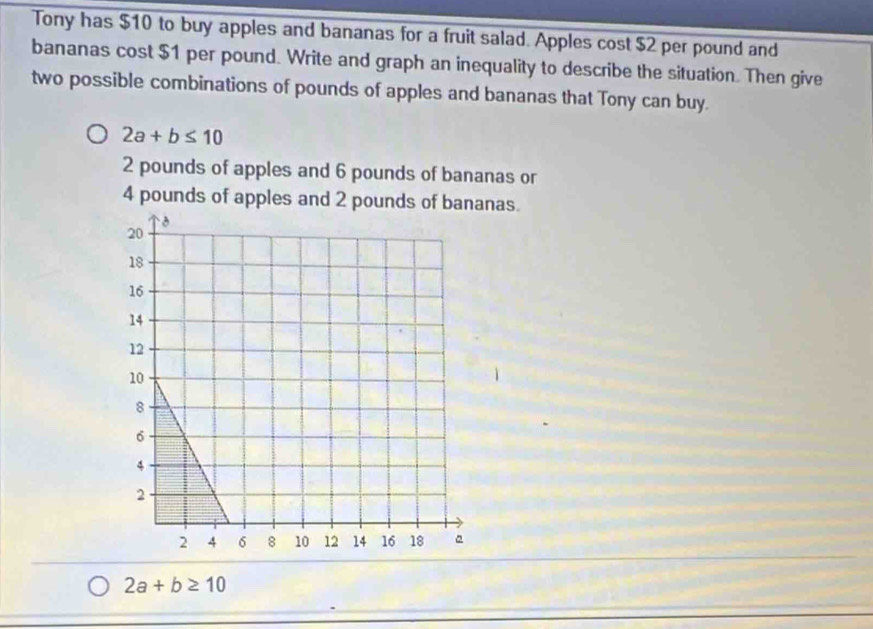 Tony has $10 to buy apples and bananas for a fruit salad. Apples cost $2 per pound and
bananas cost $1 per pound. Write and graph an inequality to describe the situation. Then give
two possible combinations of pounds of apples and bananas that Tony can buy.
2a+b≤ 10
2 pounds of apples and 6 pounds of bananas or
4 pounds of apples and 2 pounds of bananas.
2a+b≥ 10