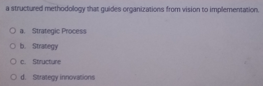 a structured methodology that guides organizations from vision to implementation.
a. Strategic Process
b. Strategy
c. Structure
d. Strategy innovations