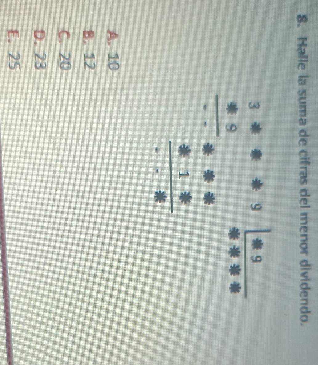 Halle la suma de cifras del menor dividendo.
A. 10
B. 12
C. 20
D. 23
E. 25