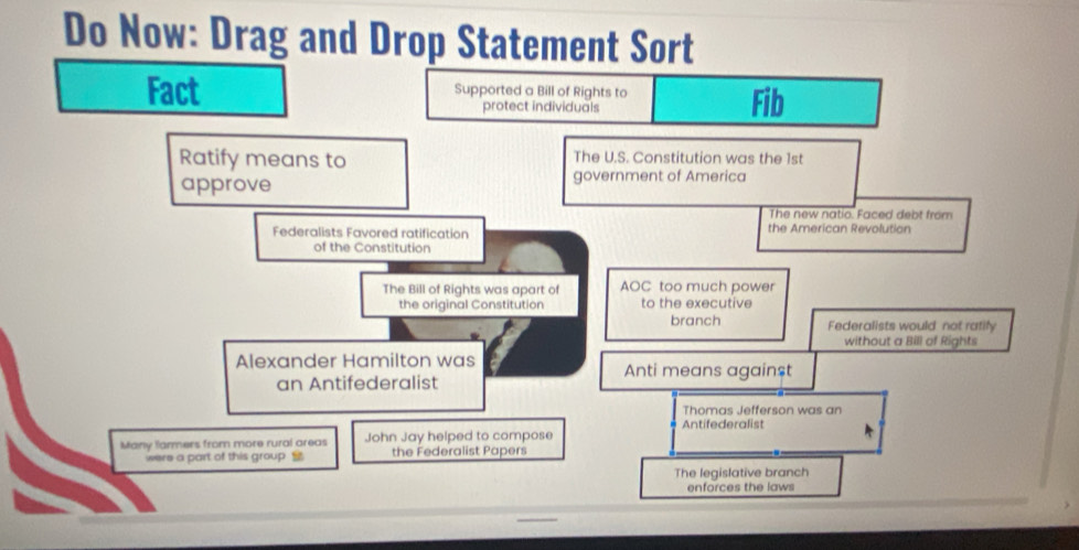 Do Now: Drag and Drop Statement Sort 
Fact Supported a Bill of Rights to 
protect individuals Fib 
Ratify means to The U.S. Constitution was the 1st
approve government of America 
The new natio. Faced debt from 
Federalists Favored ratification the American Revolution 
of the Constitution 
The Bill of Rights was apart of AOC too much power 
the original Constitution to the executive 
branch Federalists would not ratify 
without a Bill of Rights 
Alexander Hamilton was Anti means against 
an Antifederalist 
Thomas Jefferson was an 
Antifederalist 
Many larmers from more rural areas John Jay helped to compose 
were a part of this group S the Federalist Papers 
The legislative branch 
enforces the laws
