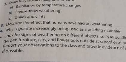 Draw fully labelled 
a) Exfoliation by temperature changes 
b) Freeze-thaw weathering 
c) Grikes and clints 
3. Describe the effect that humans have had on weathering. 
4. Why is granite increasingly being used as a building material? 
. Look for signs of weathering on different objects, such as buildir 
garden furniture, cars, and flower pots outside at school or at ho 
Report your observations to the class and provide evidence of i 
if possible.