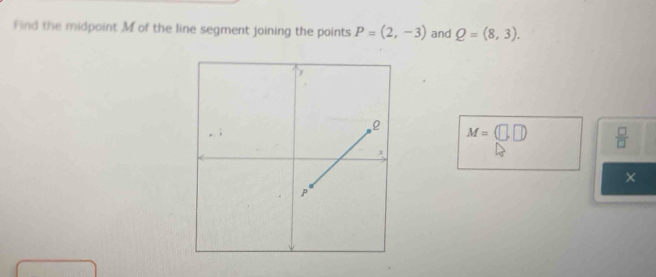 Find the midpoint Mof the line segment joining the points P=(2,-3) and Q=(8,3).
M=(□ ,□ )  □ /□   
×