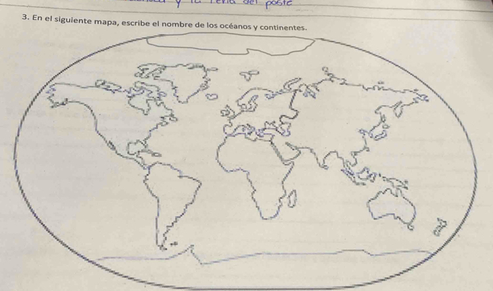 En el siguiente mapa, escribe el nombre de los océanos y continentes.