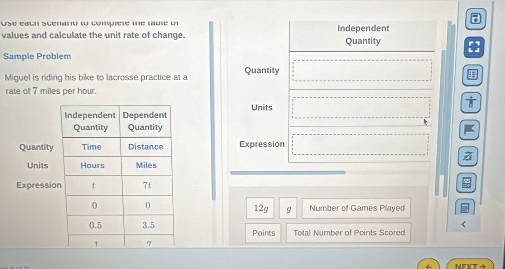 Use each scenano to complete the table of Independent 
values and calculate the unit rate of change. 
Quantity 
Sample Problem 
Quantity 
Miguel is riding his bike to lacrosse practice at a 
rate of 7 miles per hour. 
Units 
Expression 
z
12g g Number of Games Played 
Points Total Number of Points Scored 
NFXT