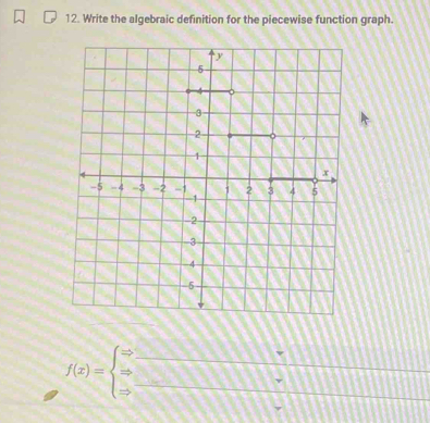 Write the algebraic definition for the piecewise function graph.
f(x)=beginarrayl Rightarrow  Rightarrow  □ endarray.  _ _  1!,0!
(x_1)