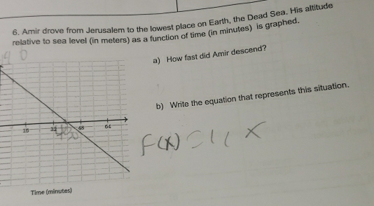 Arnir drove from Jerusalem to the lowest place on Earth, the Dead Sea. His altitude 
relative to sea level (in meters) as a function of time (in minutes) is graphed. 
a) How fast did Amir descend? 
b) Write the equation that represents this situation.