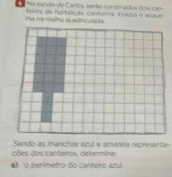 Na escola de Carlos, serão construídos dois can- 
teiros de hortálicas, conforme mostra o esque- 
ma na malha quadriculada. 
Sando as manchas azúl e amaréla representa- 
cões dos canteiros, determine: 
a)o perimetro do canteiro azul.