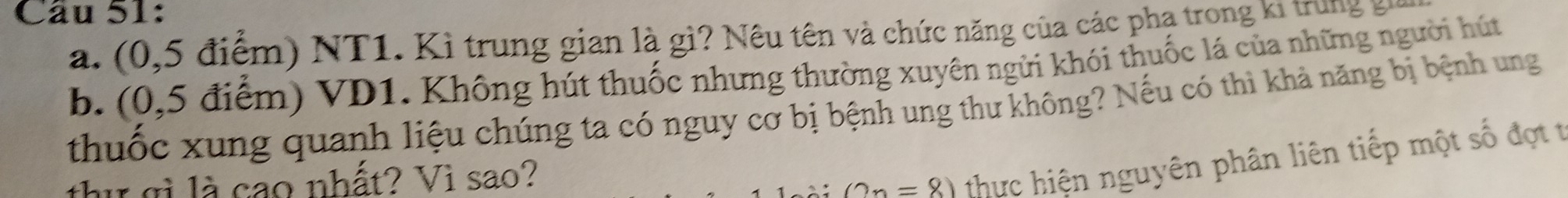 Cầu 51: 
a. (0,5 điểm) NT1. Kì trung gian là gì? Nêu tên và chức năng của các phạ trong k Tah e 5
b. (0,5 điểm) VD1. Không hút thuốc nhưng thường xuyên ngửi khói thuốc lá của những người hút 
thuốc xung quanh liệu chúng ta có nguy cơ bị bệnh ung thư không? Nếu có thì khả năng bị bệnh ung 
thị gì là cao nhất? Vì sao? 
. (2n=8) thực hiện nguyên phân liên tiếp một số đợt t