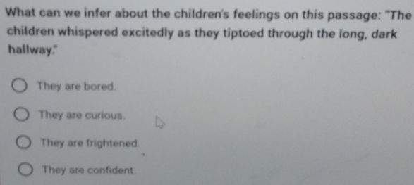 What can we infer about the children's feelings on this passage: "The
children whispered excitedly as they tiptoed through the long, dark
hallway."
They are bored.
They are curious.
They are frightened.
They are confident.