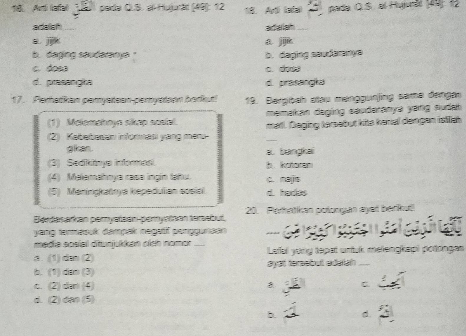 Arti lafal pada Q.S. al Hujurät (49): 12 18. Arí latal pada O.S. al Hujural (9 12
adalah _adalah_
a. jjjk a jjk
b. daging saudaranya " b. daging saudaranya
c. dosa c. dosa
d. prasangka d. prasangka
17. Pertatikan peryataan-pemyataan berikut! 19. Bergibah atau mənggunjing sama dengan
(1) Melamahoya sikap sosial memakan daging saudaranya yang sudah
mati. Daging tersebut kita kənal dəngan istilah
(2) Kebebasan informasi yang manr
_
gikan. a. bangkai
(3) Sedikitoya informasi. b. kotoran
(4) Melemahoya rasa ingin tahu c. najs
(5) Meningkainya kepedulian sosial. d. hadas
20. Perhatikan potongan ayat berikut!
Berdasarkan pernyataan-peryataan tersebut,
yang termasuk dampak negaï penggunaan 
--
media sosial difunjukkan oleh nomor ..
Lafal yang tepat untuk melengkapi potongan
a. (1) dan (2)
ayat tersebut adatah_
b. (1) dao (3)
c. (2) dan (4) a. C.
d. (2) dan (5)
b.
d