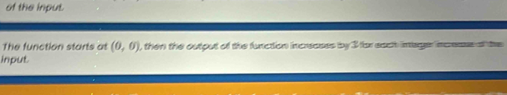 of the input. 
The function starts at (0,0) , then the output of the function increases by 3 for each intager increass of the 
input