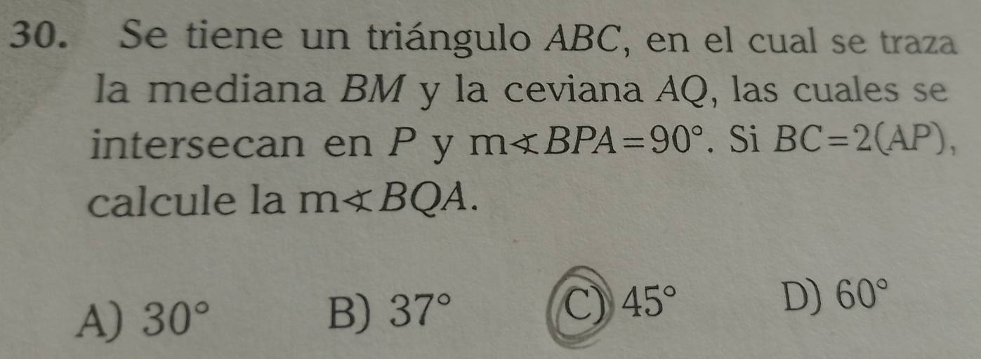 Resuelto:Se tiene un triángulo ABC, en el cual se traza la mediana BM y ...