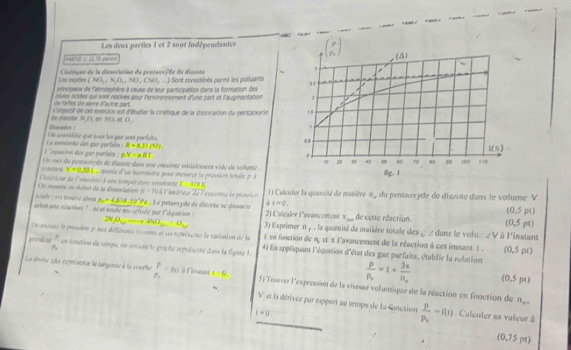 “  
Les deux parties 1 et 2 sont indépendantes
MeT1E 1: (2,75 points
nésique de la dissoclation du pentaos de de diazote
Les oxydes (NO_2,N_2O_1,NO,CNO_2,...) à Sont considérés parmi les polluants
principaux de l'atmosphère à cause de leur participation cans la formation des 
pluies acides qui sont nocives pour l'environnement d'une part et l'augmentation
de l'effet de sèrre d'autre part.
L'abjectif de cet exercice est d'étudier la cinétique de la dissociation du pentacxyrie
de diauate . N_2O_1 m NO,etO_2.
Dampées :
On corsidère que tous les gue sont parfaits, 
La comtante des gaz parfaits : R=8,31(51).
l 'équation des gaz parfaits : p,V=nRT
Un met du pertanryde de diante dans une enceinte initialement vide de volume
V=0.50L nnie d'un baromètre pour mesurer la pression totlep  
l'imérieur de l'ancelnie à une température constante
Un meure su début de la dissociation (r-f)) à l'ine beginarrayr T=1encloselongdiv ishtiur 1) Calculer la quansité de matière n_y du pentauxyde de diazôte dans le volume V
tile : es truve aler p_o=_ 4,638,10^(-1)P P a . Le petaosyde de ditente se dissucie á r=0,
eon ne réaction ' de et totale ms sétisée par l'dquation 2) Calculer l'avancement x_nex de cette réaction. (0,5 pt) (0.5 ps)
2N_1O_4= 4NO_3n· O_3p 3) Exprimer n_r , la quantité de matière totale des gz dans le volun e V à Pinstant
Un mesare le presine p aux différents le rnts et un représente la variation de la ten fonction de n, et x l'avancement de la réaction à cet instant t . (0,5 pt)
P_n
grondcur P. en fonction du tempe, on ontient le graphe représenté dans la figure 1. 4) En appliquant l'équation d'état des gaz parfuits, établir la relation
frac pp_0=1+frac 3xn_0 (0,5 pt)
La droise 547 représeme la langente à la courbe frac beta beta _n=80 à l'instans t=0, 5) Troaver l'expression de la vitesse volumique de la réaction en fonction de
n_a,
V et la dérivée par mpport au temps de la fanction frac pp_u=f(t). Caleuler sa valeur à
I=0.
(0.75pt)