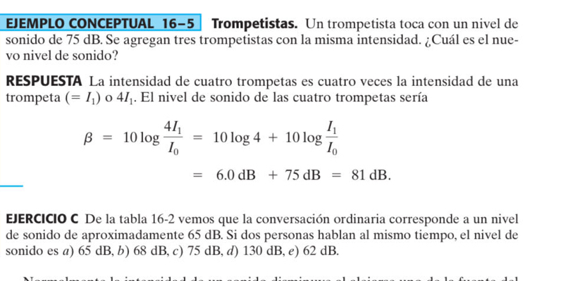 EJEMPLO CONCEPTUAL 16-5 | Trompetistas. Un trompetista toca con un nivel de
sonido de 75 dB. Se agregan tres trompetistas con la misma intensidad. ¿Cuál es el nue-
vo nivel de sonido?
RESPUESTA La intensidad de cuatro trompetas es cuatro veces la intensidad de una
trompeta (=I_1) 4I_1. El nivel de sonido de las cuatro trompetas sería
beta =10log frac 4I_1I_0=10log 4+10log frac I_1I_0
=6.0dB+75dB=81dB. 
EJERCICIO C De la tabla 16-2 vemos que la conversación ordinaria corresponde a un nivel
de sonido de aproximadamente 65 dB. Si dos personas hablan al mismo tiempo, el nivel de
sonido es a) 65 dB, b) 68 dB, c) 75 dB, d) 130 dB, e) 62 dB.