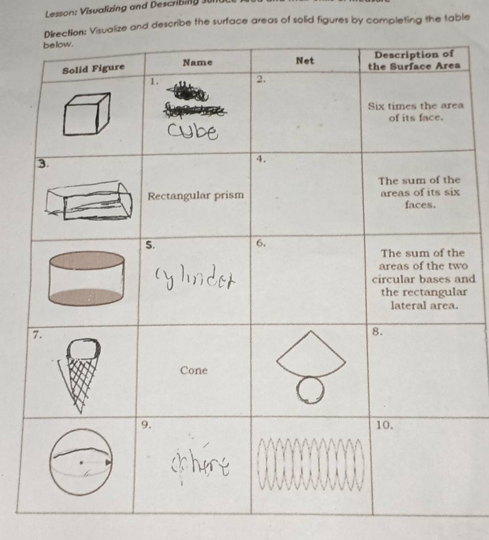 Lesson: Visualizing and Describing 30
e and describe the surface areas of solid figures by completing the table 
e 
o 
nd 
r