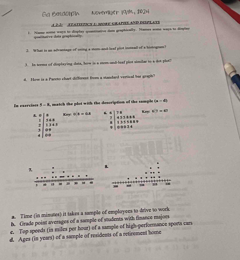 Ga BendolpM Novemler 19th, 2024 
A 2-2: STATISTICS 1: MORE GRAPHS AND DISPLAYS 
1. Name some ways to display quantitative data graphically. Names some ways to display 
qualitative data graphically. 
2. What is an advantage of using a stem-and-leaf plot instead of a histogram? 
3. In terms of displaying data, how is a stem-and-leaf plot similar to a dot plot? 
4. How is a Pareto chart different from a standard vertical bar graph? 
In exercises 5-8 , match the plot with the description of the sample (a-d)
Key: 0 Key: 6|7=67
beginarrayr 5.0 1 2 3 09 4endarray 8=0.8 6.
beginarrayr 6 7 8 1355889 00024endarray
8. 
a. Time (in minutes) it takes a sample of employees to drive to work 
b. Grade point averages of a sample of students with finance majors 
c. Top speeds (in miles per hour) of a sample of high-performance sports cars 
d. Ages (in years) of a sample of residents of a retirement home