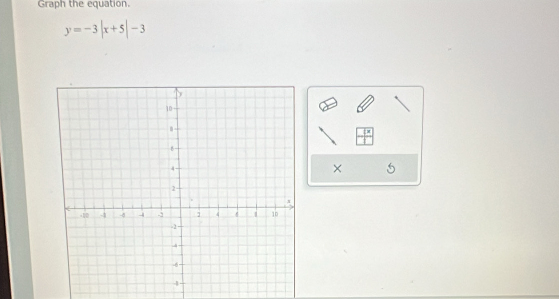 Graph the equation.
y=-3|x+5|-3
×