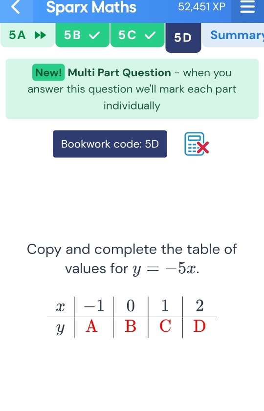 Sparx Maths 52,451XP 
5A 5B 5C 5D Summar 
New! Multi Part Question - when you 
answer this question we'll mark each part 
individually 
Bookwork code: 5D 
Copy and complete the table of 
values for y=-5x.