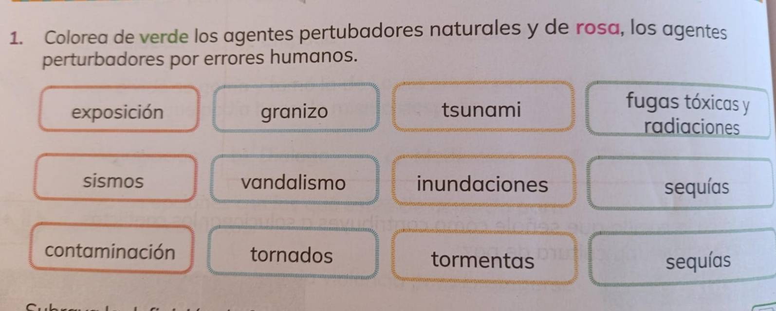 Colorea de verde los agentes pertubadores naturales y de rosa, los agentes
perturbadores por errores humanos.
exposición granizo tsunami
fugas tóxicas y
radiaciones
sismos vandalismo inundaciones
sequías
contaminación tornados tormentas
sequías