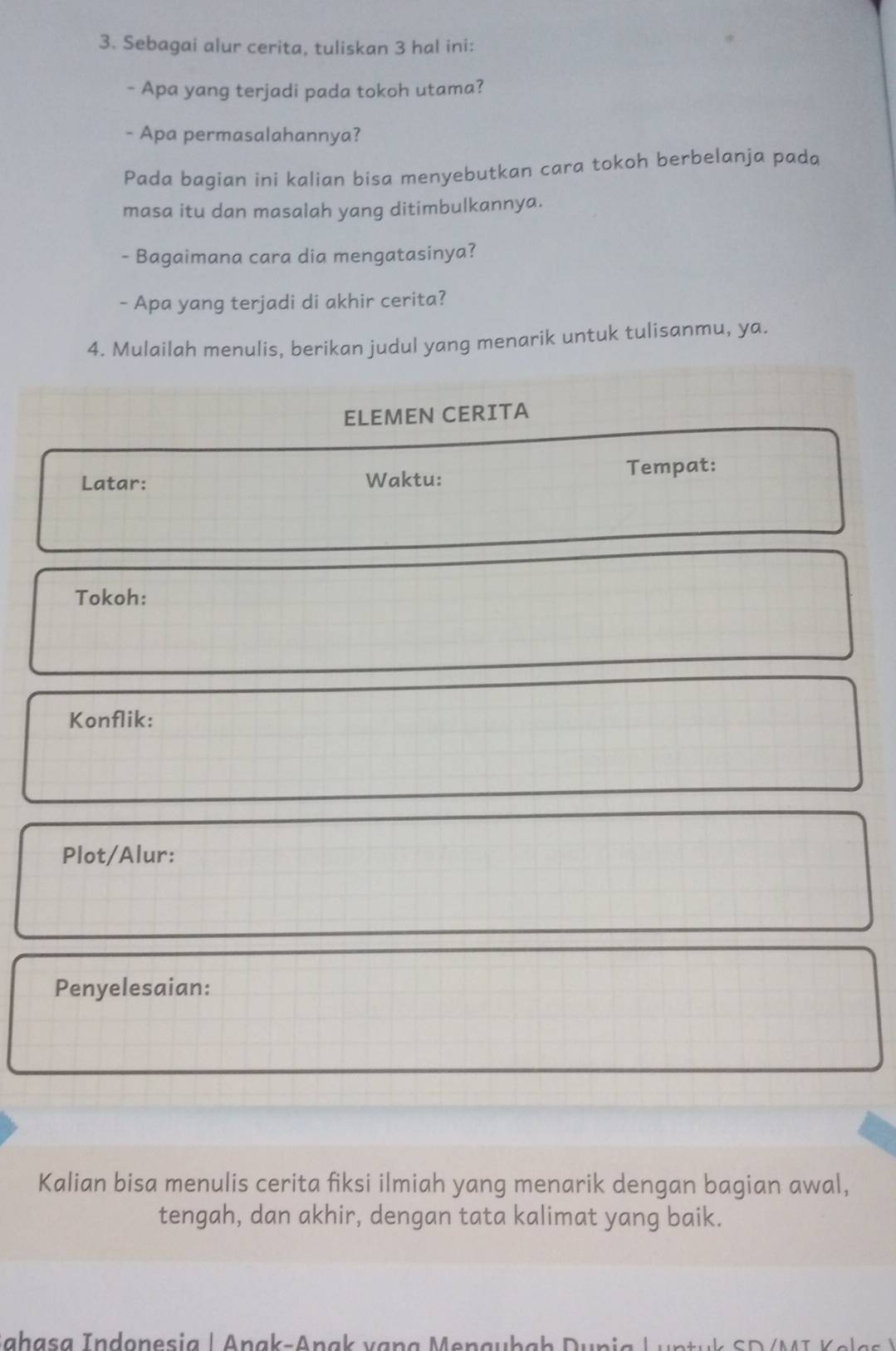 Sebagai alur cerita, tuliskan 3 hal ini: 
- Apa yang terjadi pada tokoh utama? 
- Apa permasalahannya? 
Pada bagian ini kalian bisa menyebutkan cara tokoh berbelanja pada 
masa itu dan masalah yang ditimbulkannya. 
- Bagaimana cara dia mengatasinya? 
- Apa yang terjadi di akhir cerita? 
4. Mulailah menulis, berikan judul yang menarik untuk tulisanmu, ya. 
ELEMEN CERITA 
Latar: Waktu: Tempat: 
Tokoh: 
Konflik: 
Plot/Alur: 
Penyelesaian: 
Kalian bisa menulis cerita fiksi ilmiah yang menarik dengan bagian awal, 
tengah, dan akhir, dengan tata kalimat yang baik. 
aḥasa Indonesia | Anak-Anak vạng Menguḥaḥ Dun