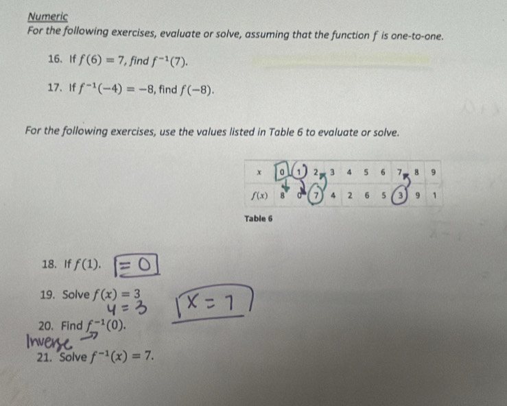 Numeric
For the following exercises, evaluate or solve, assuming that the function f is one-to-one.
16、If f(6)=7 find f^(-1)(7).
17、 If f^(-1)(-4)=-8 , find f(-8).
For the following exercises, use the values listed in Table 6 to evaluate or solve.
Table 6
18. If f(1).
19. Solve f(x)=3
20. Find f^(-1)(0).
21. Solve f^(-1)(x)=7.